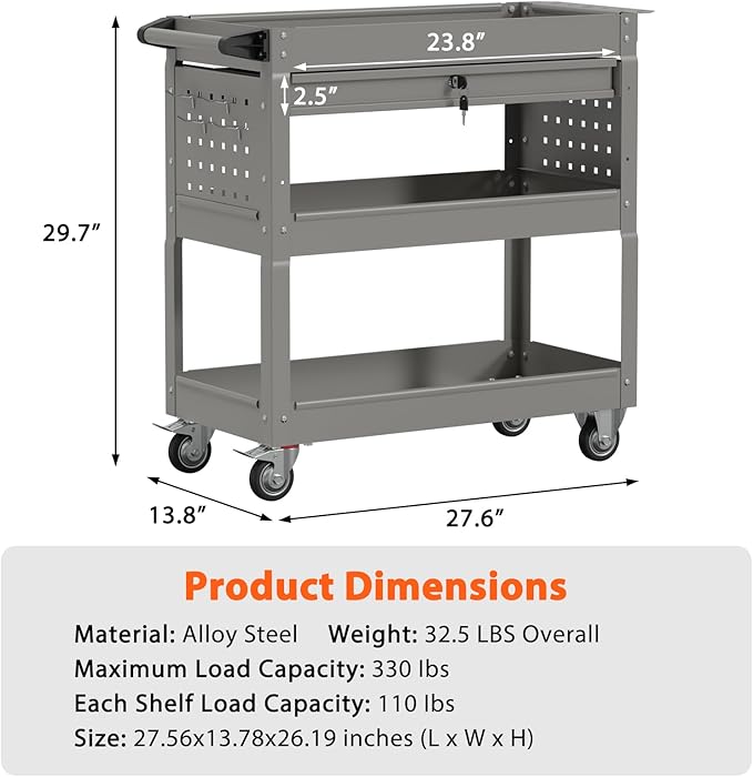 3 Tier Rolling Tool Cart with Drawers, Heavy Duty Utility Cart on Wheels, Large Storage Capability Service Cart for Garage, Warehouse and Repair Shop (Grey)