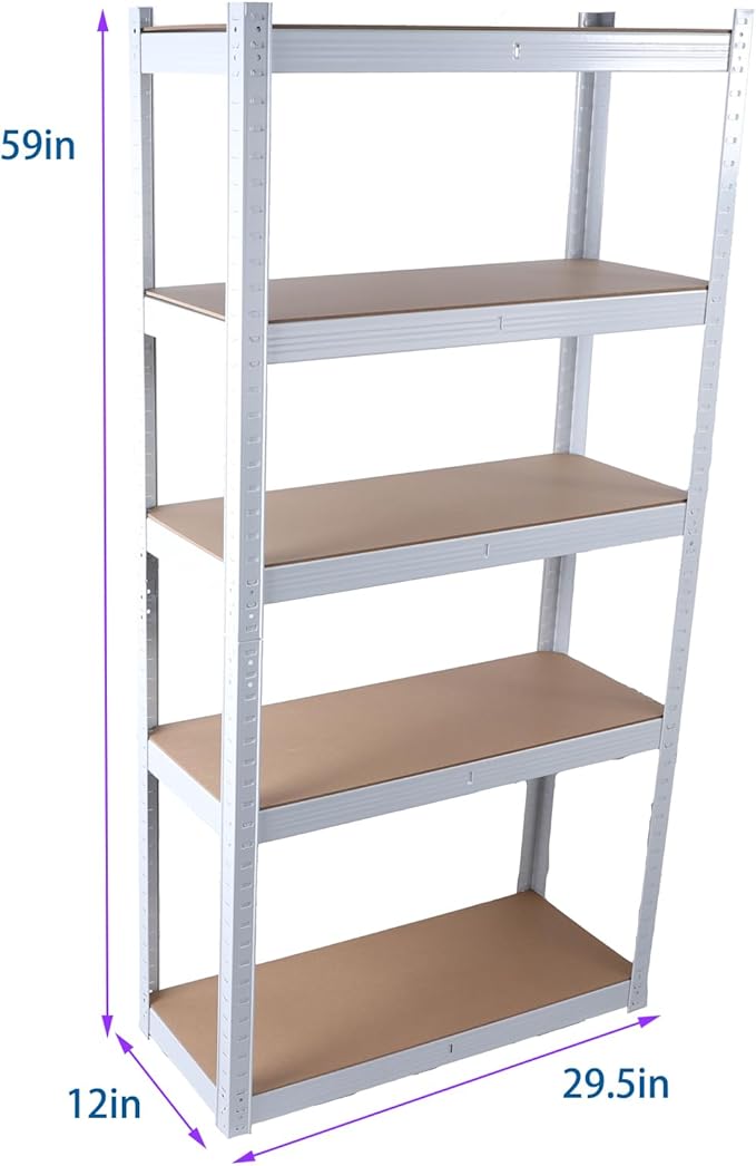 Weallux 5-Tier Metal Storage Shelf, White Steel Frame with Wood Shelves, 29.5 x 12 x 59 Inches, Adjustable Heavy Duty Utility Rack for Garage, Kitchen, Pantry