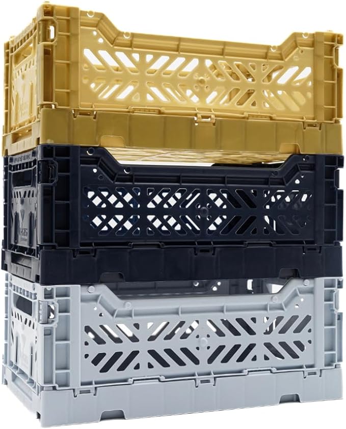Collapsible Storage Box, Foldable Crate Organizer Bin with Handle, Stackable Crates for Home Organization (Blue-Gold-Navy, 4L - 3-Pack)