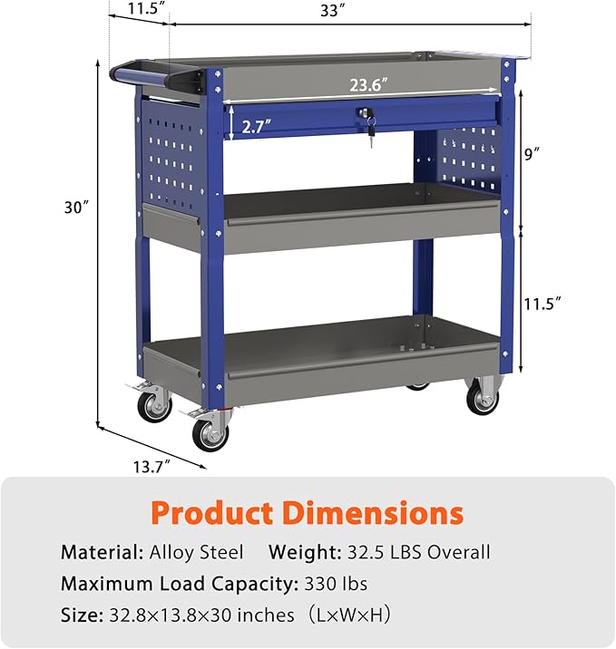 3 Tier Rolling Tool Cart On Wheels, Heavy Duty Utility Cart with Drawers, Large Storage Capability Service Cart for Garage, Warehouse and Tool Room (Gray&Blue)