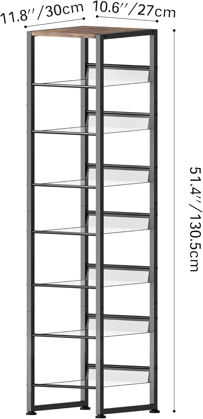 8 Tiers Vertical Shoe Rack, Corner Shoe Storage Organizer, Narrow Shoe Tower for 6 Pairs, Space Saving Sturdy Metal Shoe Shelf, Adjustable, Freestanding, for Entryway, Hallway, Living Room, Bedroom