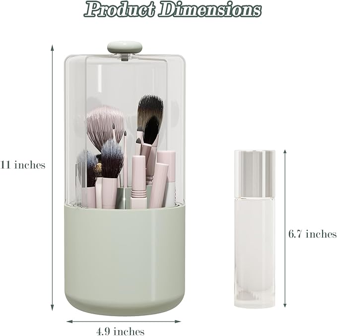 Makeup Brush Holder with Dustproof Cover, Clear 360 Rotating Make Up Brushes Organizer for Counter Vanity Bathroom, Sage Green