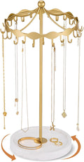 Lolalet Rotating Necklace Holder Stand with Metal Hooks, Spinning Display Carousels, Freestanding Organizer Hanger, for Long Necklaces Chains -Gold
