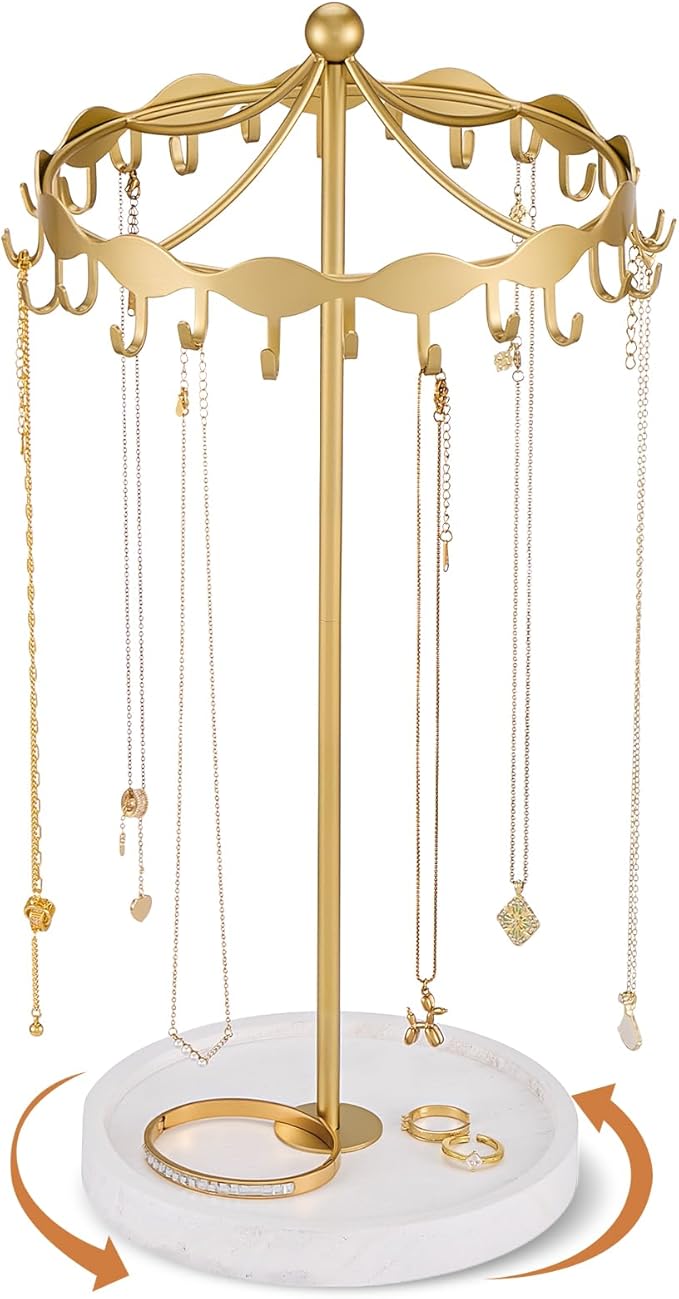 Lolalet Rotating Necklace Holder Stand with Metal Hooks, Spinning Display Carousels, Freestanding Organizer Hanger, for Long Necklaces Chains -Gold