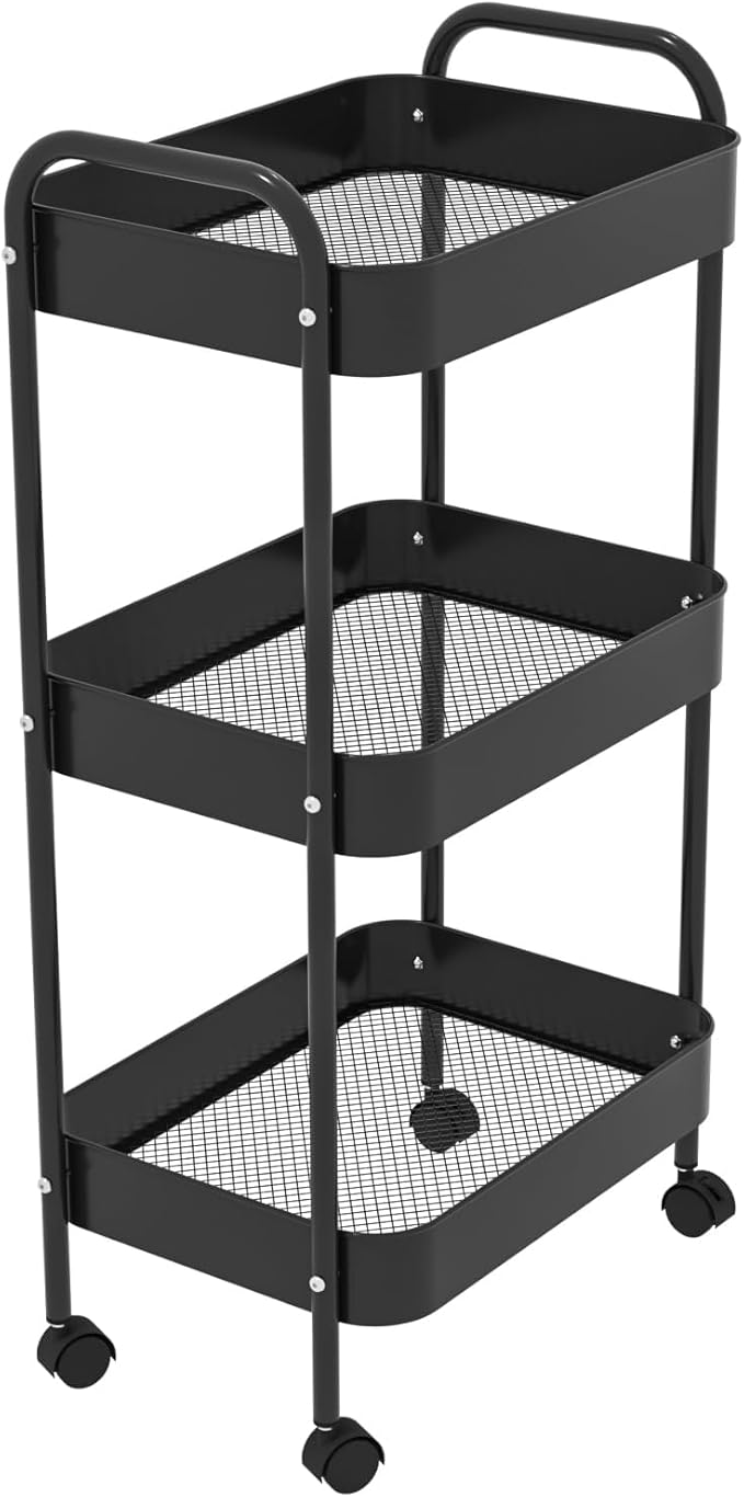 3-Tier Metal Utility Rolling Cart, Multi-Functional Storage Trolley for Office, Living Room, Kitchen, Movable Storage Organizer with Wheels, Black