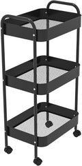 3-Tier Metal Utility Rolling Cart, Multi-Functional Storage Trolley for Office, Living Room, Kitchen, Movable Storage Organizer with Wheels, Black
