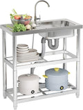 Outdoor Garden Free Standing Utility Stainless Steel Sink, Portable Single Bowl Washing Hand Basin Station Sink, with Drainboard Storage Shelves for Camping, Garage, Restaurant, Kitchen, Bar