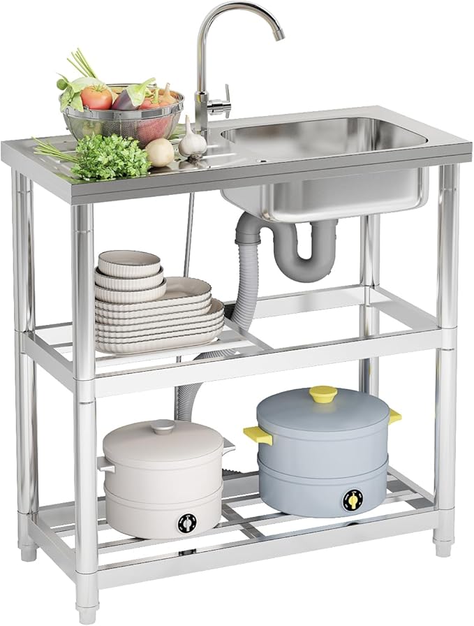 Outdoor Garden Free Standing Utility Stainless Steel Sink, Portable Single Bowl Washing Hand Basin Station Sink, with Drainboard Storage Shelves for Camping, Garage, Restaurant, Kitchen, Bar