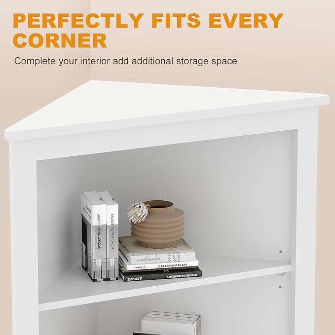 64 inch Farmhouse Corner Cabinet with 2 Barn Doors, Tall White Storage Cabinet with Adjustable Shelves, Multi-Purpose Buffet Pantry for Bathroom, Kitchen, Dining Room