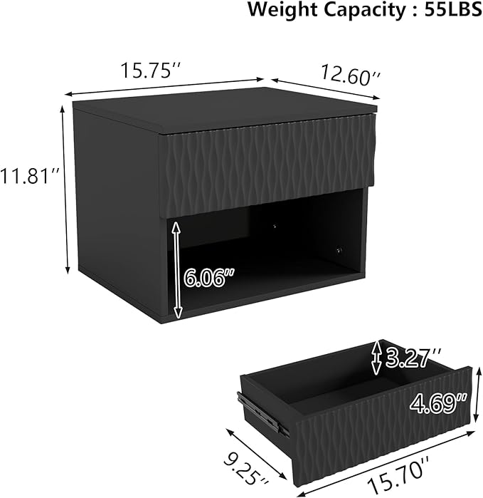 Floating Nightstand Set of 2,Modern Bedside Tables for Bedroom,Small Night Stands with Drawer and Open Shelf, Wall Mounted End SideTables Set for Living Room