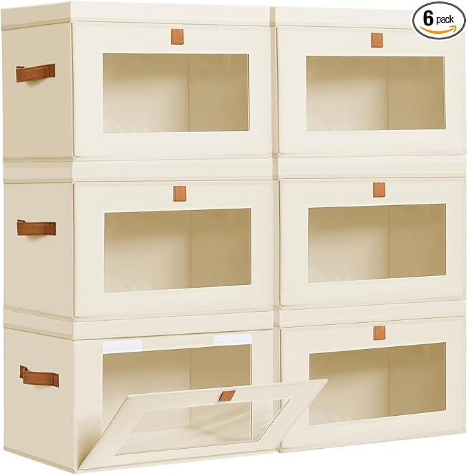 DIMJ Storage Bins with Lids - 6 Pack Large Fabric Closet Organizer with Window & Handles, Collapsible Decorative Storage Boxes for Shelves Under Bed, Books Clothes Blankets Sweaters Organization