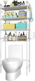 PrimeZone Over The Toilet Storage Shelf - 4 Tier Adjustable Metal Bathroom Wire Shelves Organizer with 2 Hooks, Freestanding Above Toilet Storage Rack for Bathroom Laundry, White