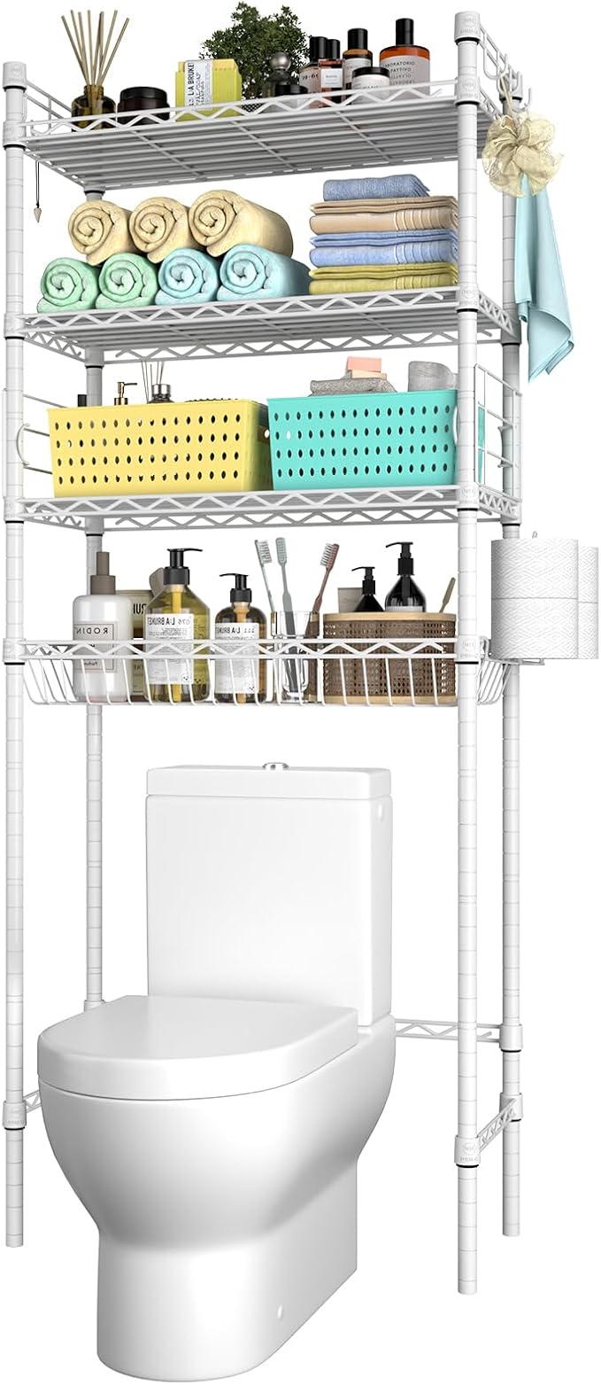 PrimeZone Over The Toilet Storage Shelf - 4 Tier Adjustable Metal Bathroom Wire Shelves Organizer with 2 Hooks, Freestanding Above Toilet Storage Rack for Bathroom Laundry, White