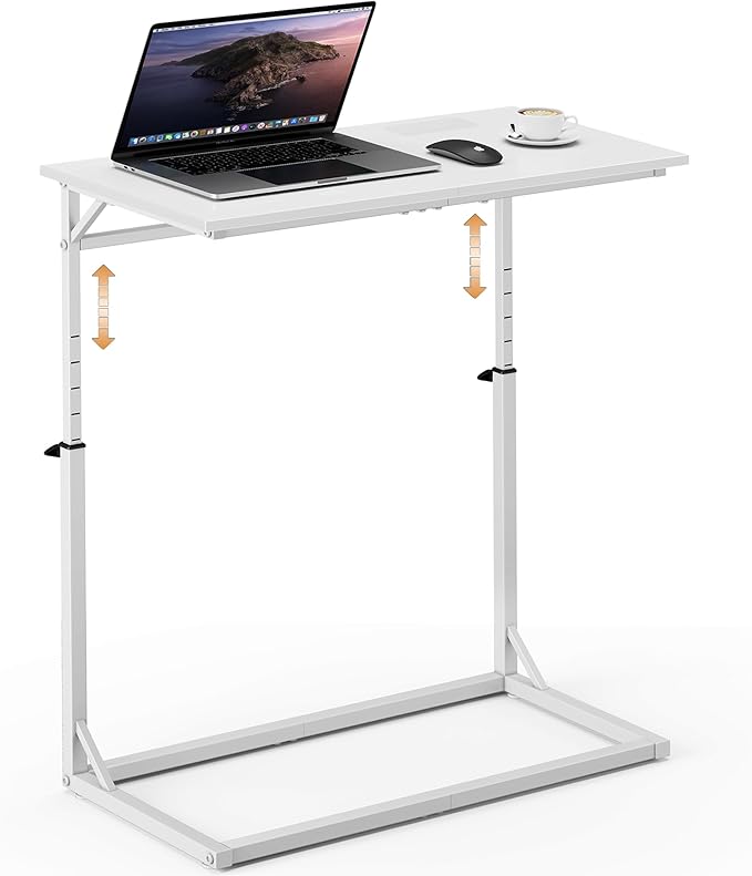 Vagusicc C Shaped End Table, Tall Side Table for Couch, C-Table End Table Adjustable Height Side Table, Large Surface Sofa Table TV Tray, Slide Under Couch Table for Sofa, Living Room, Bedroom, White
