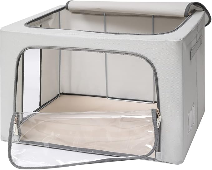 CYhom 3Pack Frame Storage Box - Clothes Storage Bin Bags Oxford Fabric Foldable Stackable Container Organizer Set with Clear Window & Carry Handles (Grey, X-Small-36L)