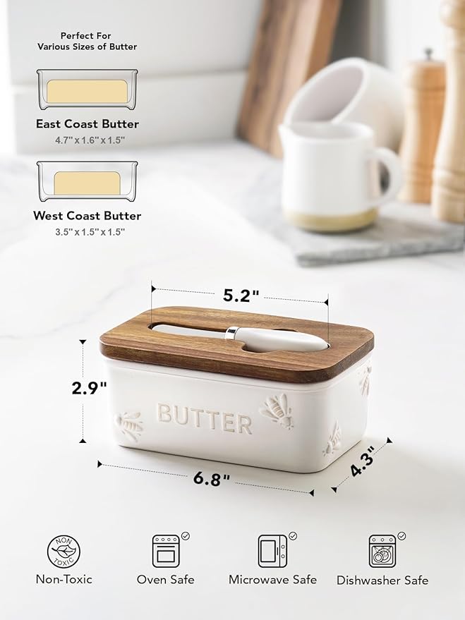 LE TAUCI Butter Dish with Lid for Countertop, Ceramic Butter Container, Embossed Butter Keeper with Acacia Wood lid, Knife, and Airtight Cover, Farmhouse Decor - Set of 1, Arctic White, Bee Pattern