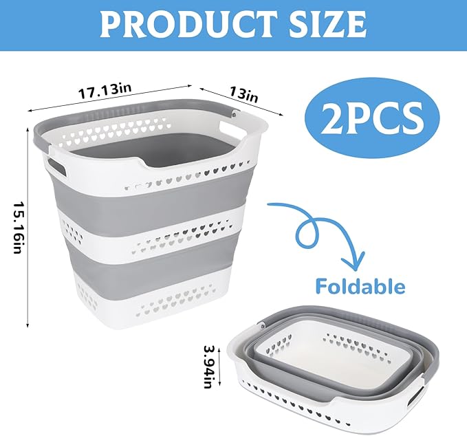 2 Pcs Collapsible Laundry Baskets for Dirty Clothes, 43L Plastic Laundry Hamper for Dorm Bedroom, Space Saving Pop-Up Laundry Hamper Container, Durable Foldable Laundry Basket with Handles (Grey)