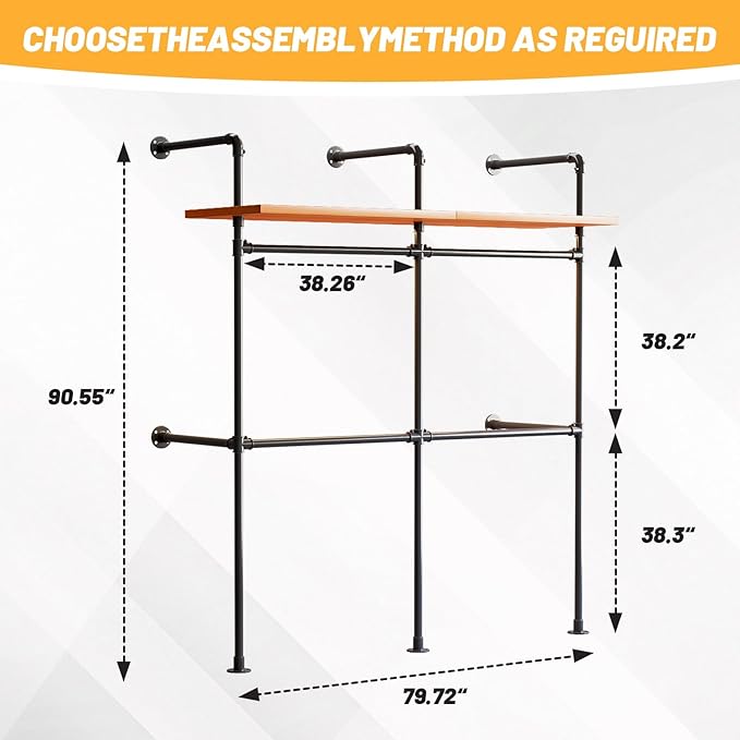 Industrial Pipe Clothing Rack, Reversible 79.7” Clothes Rack for Hanging Clothes with LED Lights, Black Wall Clothing Rack Wall Mounted Rack for Walk-in Closet, Laundry Room or Retail Display