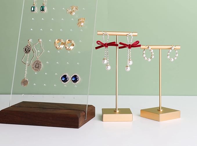 GemeShou 2pcs metal earring holder, Gold T bar earring display stand, mini hangers for earrings Jewelry Photography, earring storage organizer【Gold-Square Base 2pcs Height 4.3 and 5.1 inch】
