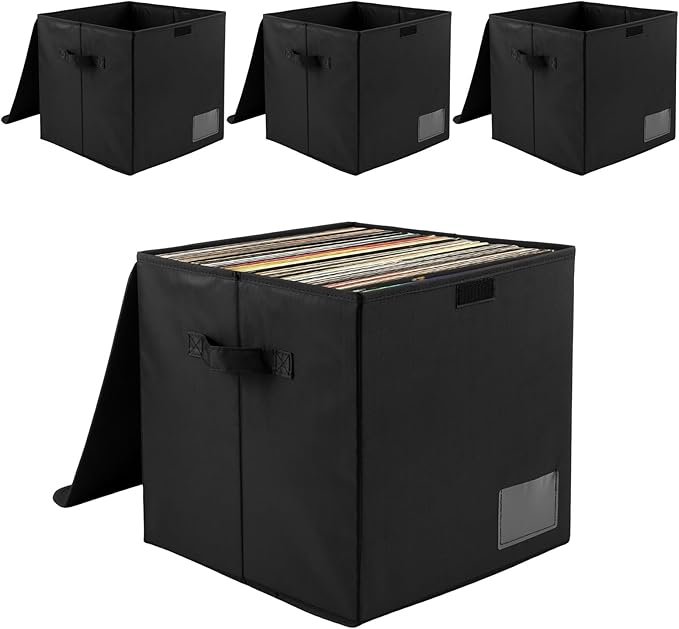 1/4 Pcs Vinyl Record Storage Box with Lid and Handles, Oxford Cloth Record Album Storage Crate, Foldable and Stackable Record Organizer Storage Case for Collecting Valuable Album (4/no lock)