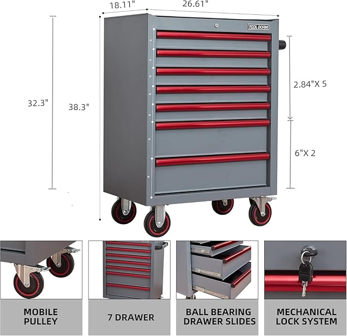 7-Drawer Rolling Tool Chest with Locking Wheels & Drawers, 18.11" D x 26.61" W x 38.3" H Mobile Tool Storage Cabinet, Heavy-Duty Garage Organizer with Ergonomic Handle