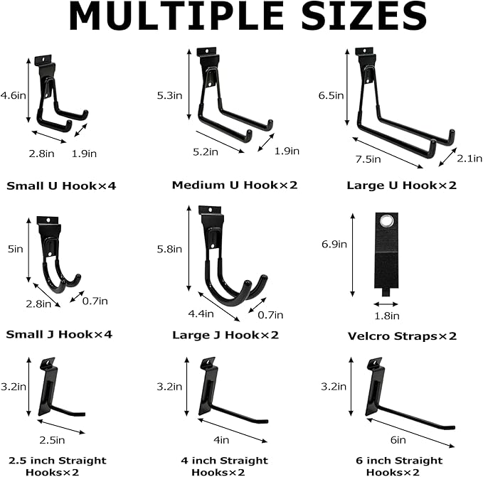 Slatwall Accessories, 22 Pack Heavy Duty Steel Slatwall Hooks, Multi-Size Slat Wall Hanging Hooks for Ladders, Bikes, Garage and Garden Tools (ProSlat & Slatwall Panel Compatible)