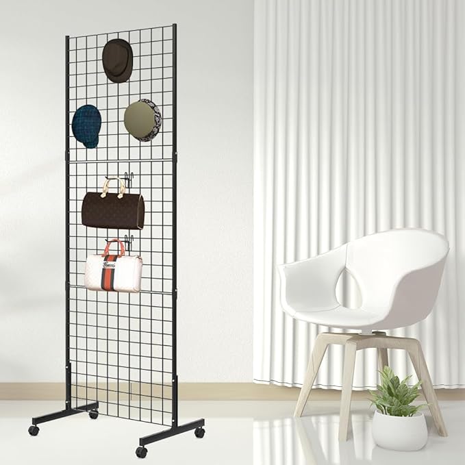 Eastern Tree 2 Packs 2'x 5' Six Pieces Gridwall Panels Stand with T-Base, Black Wire Grid Wall Display Racks with Wheels, Craft Show Display Rack, Retail Display, Extra More 16 Pieces Hooks
