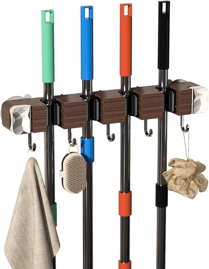 Suction Cup No Drilling Broom Holder Wall Mount, Walnut Color Mop Organizer Wall Hanging, 4 Racks 5 Hooks Tool Organizer Hanger Self Adhesive for Home, Garage, Garden, Laundry, Kitchen