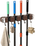 Suction Cup No Drilling Broom Holder Wall Mount, Walnut Color Mop Organizer Wall Hanging, 4 Racks 5 Hooks Tool Organizer Hanger Self Adhesive for Home, Garage, Garden, Laundry, Kitchen