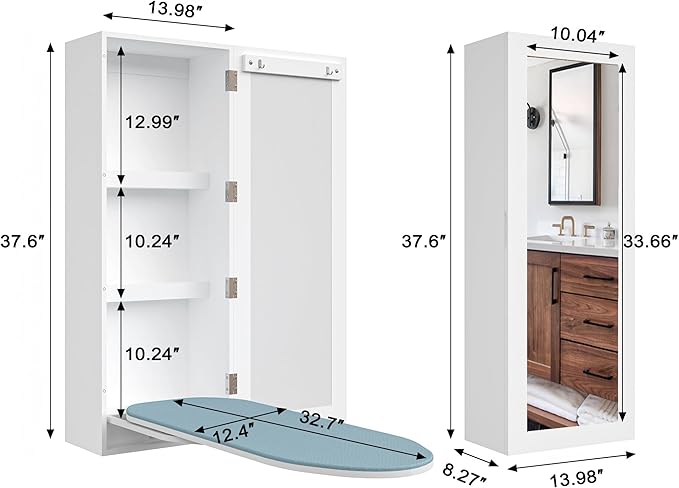 Wall Mount Ironing Board Cabinet, Built in Swivel Ironing Board Folding with Storage & Mirrored Door, White