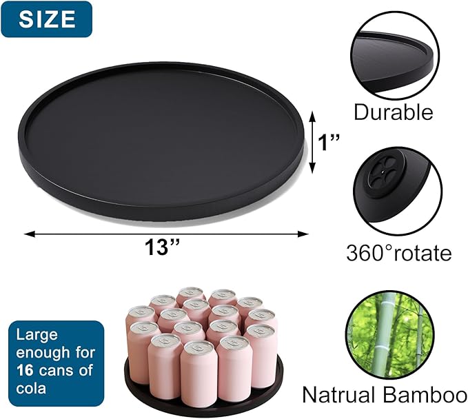 Lazy Susan Organizer for Kitchen,Bamboo Turntable for Cabinet,Pantry,Vanity,Large（Black）