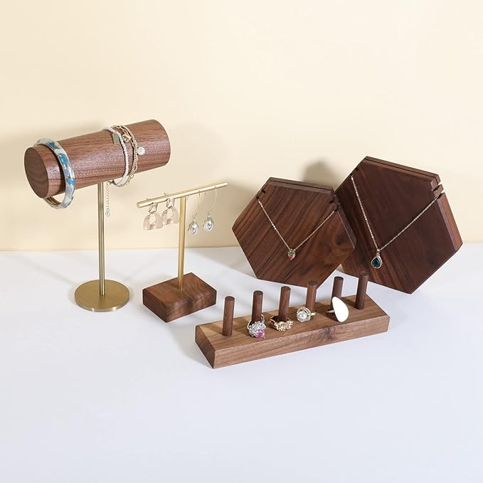 GemeShou earrings T display stands for selling, small earring holder jewelry stand with 4 holes on bar, wood earring hanger for boutique display【Walnut】