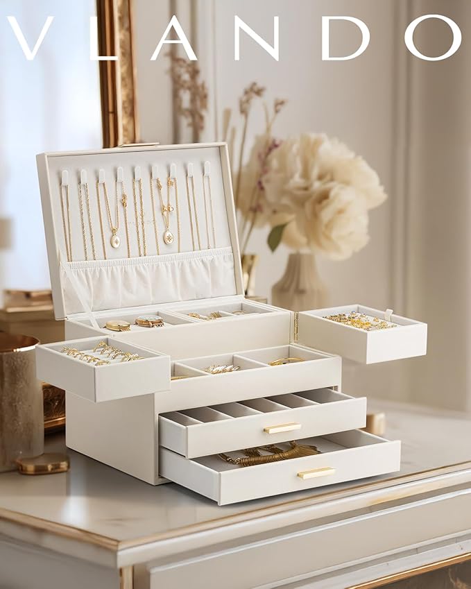 Vlando 4 Layers Jewelry Box - Women Jewelry Box with Retractable Tray - Jewelry Organizer with Drawer for Necklaces, Rings, Bracelets, Earrings, Gift for Couples Mom Girls - Could White