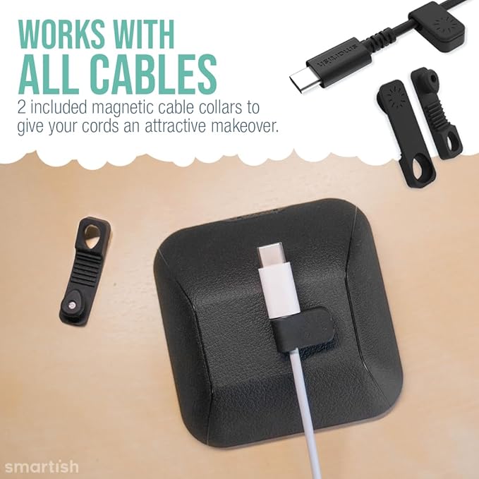 Smartish® Magnetic Cord Holder - Cable Wrangler Organizer Stocking Stuffer with Magnet Clips for Charger Management on Desktop, Nightstand for USB-C + Lightning - Black Tie Affair