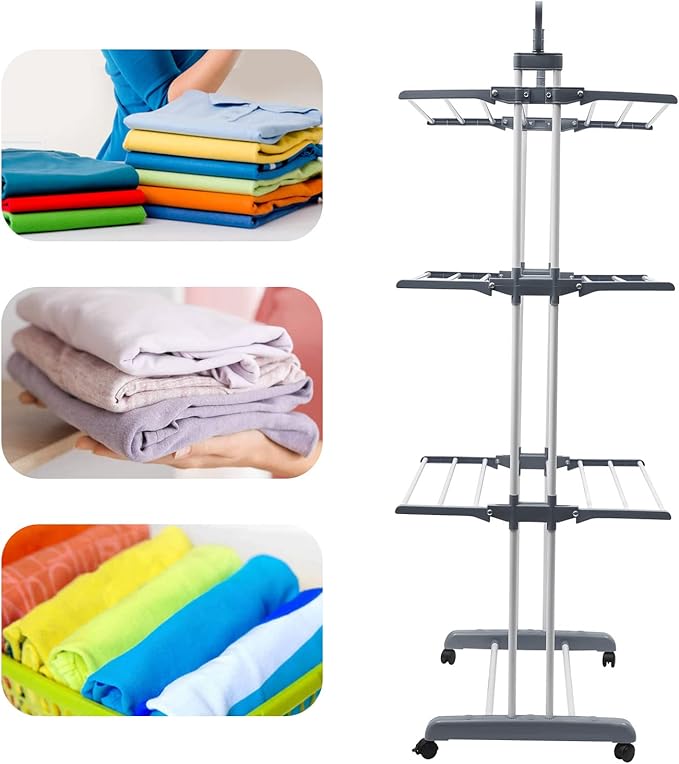 Drying Rack, 29.92*19.69*67.72inch 4 Tier Folding Clothes Drying Rack Rolling Laundry Garment Dryer Stand Multifunctional Stainless Steel Dryings Racks with Wheels for Bedrooms Lofts Balconies Patios