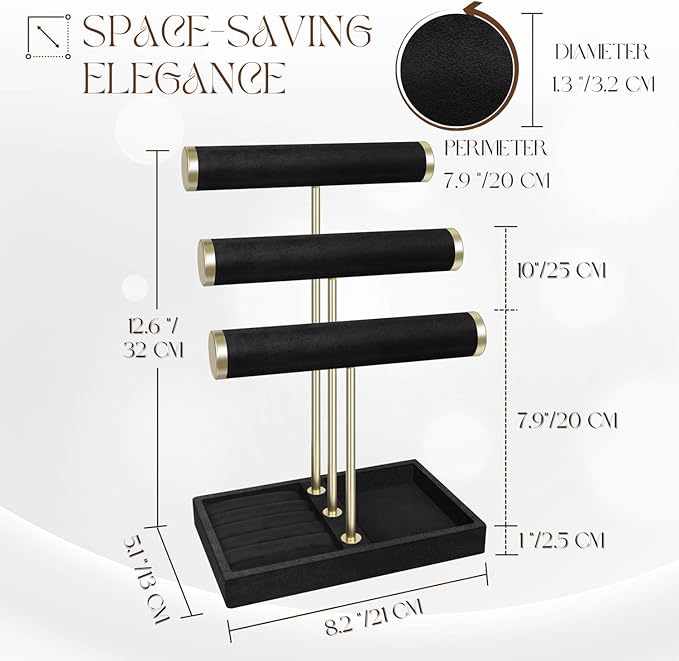 Flexzion 3 Tier Bracelet Holder Display Stand - Black Velvet Bracelet Holder Organizer with Detachable T Bar - Jewelry Display Stand for Bracelets, Bangles, Necklace, Watches, Rings