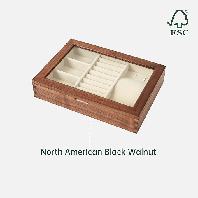 YESWOOD Jewelry Box Organizer, North America Black Walnut Wood Jewelry Boxes for Women for Storage & Display of Necklaces, Rings, Earrings, and Bracelets