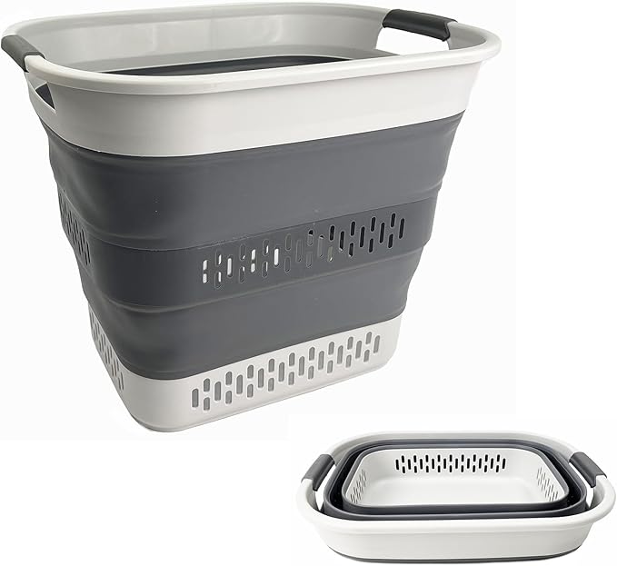 SAMMART 40L (10.5 Gallon) Collapsible Plastic Laundry Basket - Foldable Pop Up Storage Container/Organizer - Portable Laundry Hamper - Space Saving (1, Grey/Steel Grey)