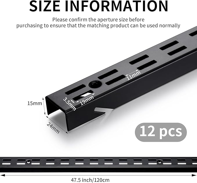 12 Pcs 47.5 Inches Shelf Rails Bracket Track Upright Closet System Hardware Adjustable Wall Standard Shelf Standards for Pantries, Linen Closets, Laundry Rooms, Utility Rooms (Black)