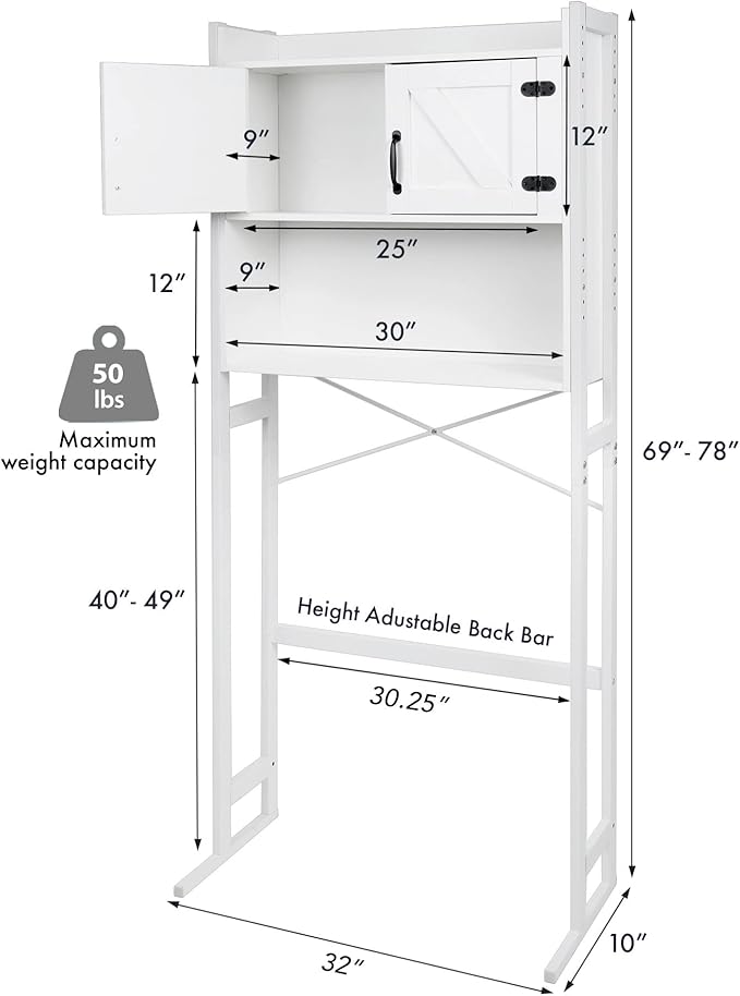 Over The Washer or Over The Toilet Storage Cabinet w/Height Adjustable Shelf Laundry Room/Bathroom Organizer Rack, 2-Door Freestanding Rack Space Saver, White