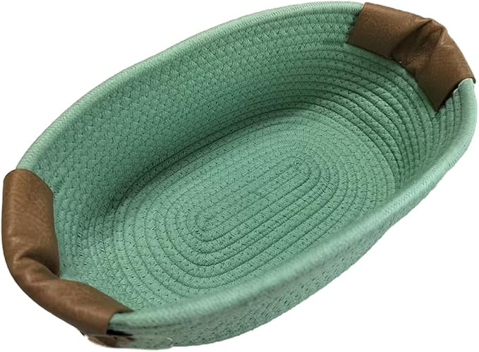 Small Cotton Woven Basket with PU Leather Handle, Baby Kids Clothes Toys Candy Gifts Cotton Rope Organizer, Living Room Basket Bathroom Shower Storage Laundry Basket, Dog Cat Bed, Cute Decor, Green