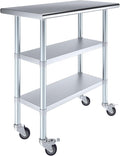 AmGood Stainless Steel Work Table with 2 Shelves and Casters | Metal Utility Table On Wheels (Stainless Steel Work Table with 2 Shelves + Casters, 36" Long x 18" Deep)