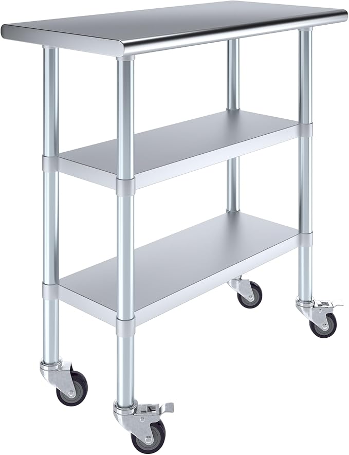 AmGood Stainless Steel Work Table with 2 Shelves and Casters | Metal Utility Table On Wheels (Stainless Steel Work Table with 2 Shelves + Casters, 36" Long x 18" Deep)