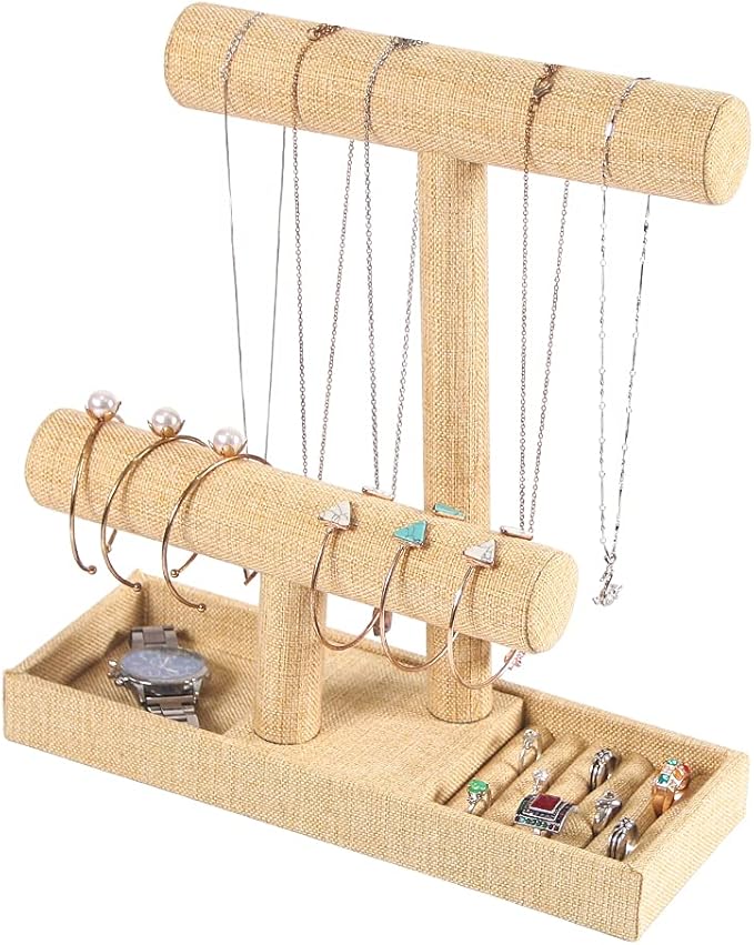 Coward 2 Tier Necklace Bracelet Holder Organizer With ring Tray, Linen Jewelry Display Stand for Watch Scrunchie Lipstick, Perfumes,Nail polish (Yellow Linen)
