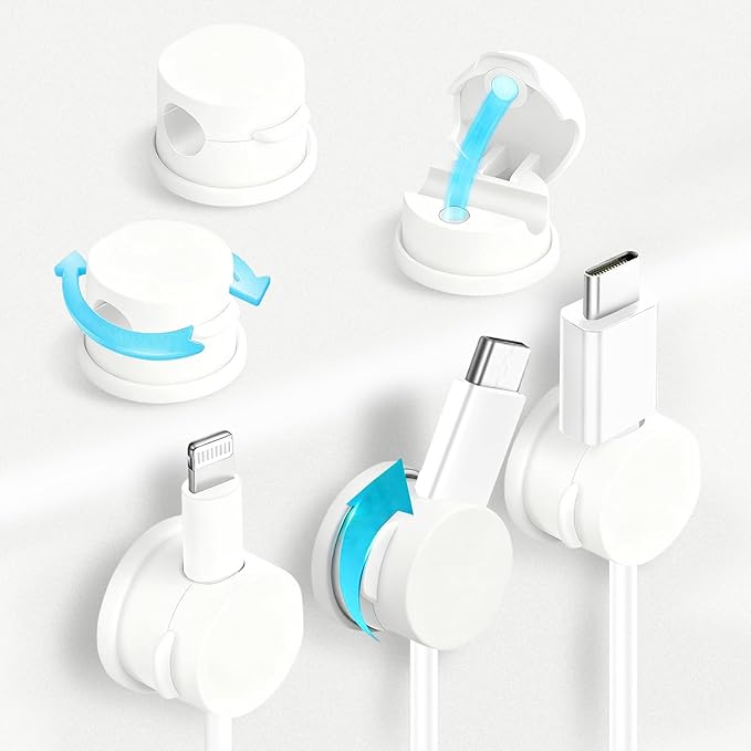 6pcs Magnetic Cord Organizer, 360° Swiveling Adhesive Cable Clips - Compact Cord Holder for Nightstand, Desk, Car, Kitchen & Home Office - Charger Holder Management Solution by MarLigavid (White)