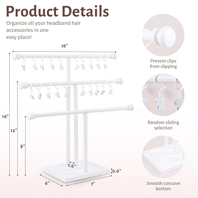POVETIRE Headband Holder Stand Storage for Baby, 3 Tier Wooden Bow Organizer for Girls Hair Bows, Infant Hair Accessories Rack Display for Nursery Decor