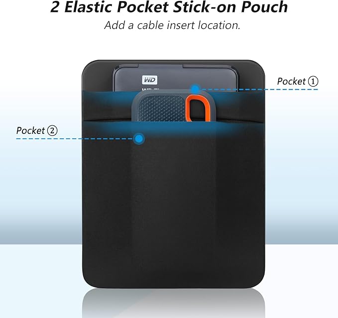 Lacdo Portable External Hard Drive Carrying Case, 2-Pocket Stick on Pouch Holder for Laptop, Fit 2.5" Seagate, WD, Toshiba External HDD, SSD, Wireless Mouse,Cable, Sleeve with Reusable Adhesive, Black