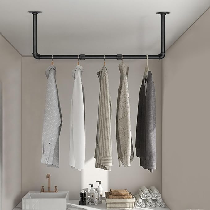 Industrial Iron Pipe Clothes Hanging Bar DIY Wall-Mounted Garment Rack Heavy Duty Clothing Rack for Bedroom, Laundry Room, Closet Storage (Black 36 inch)
