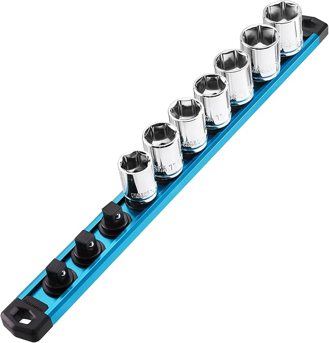 WORKPRO Magnetic Socket Organizer, 3/8-Inch Drive Aluminum Alloy Socket Rail, Heavy Duty Socket Holder, Socket Rack Kit 3/8-Inch x 10 Clips Sky Blue (Socket not Included)