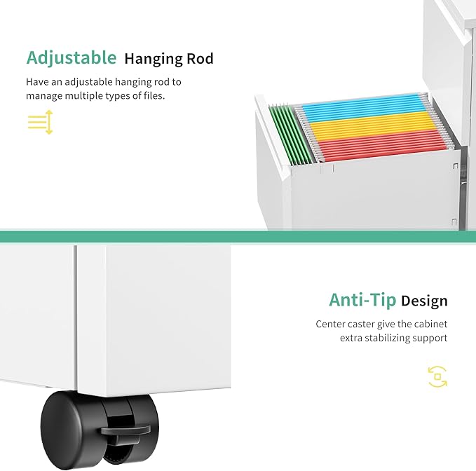 Bonusall 2 Drawer File Cabinet, Metal Rolling File Cabinet with Lock, Filing Cabinets for Home Office Fit A4/Letter/Legal, Easy Assembled, White